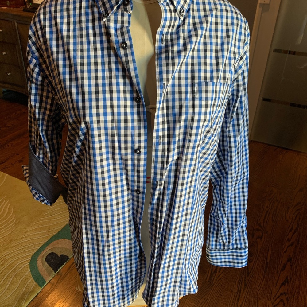 Black and blue plaid button down dress shirt
